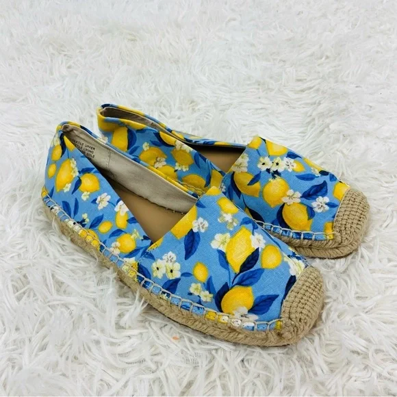 NWOT ANN TAYLOR blue & yellow lemon print tapestry summer espadrille shoes SZ 6 - Picture 12 of 17